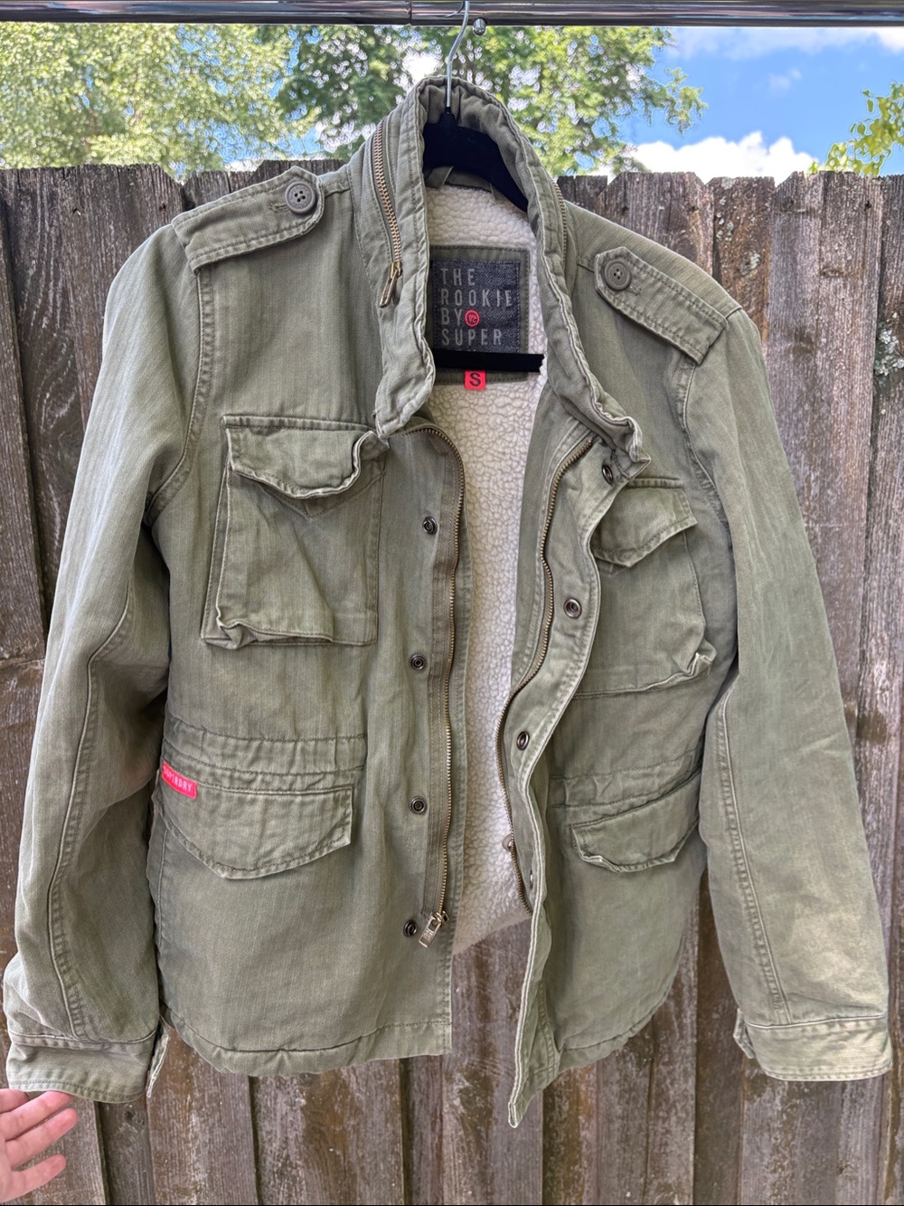 The Rookie by Super Dry Small Green Military Field Jacket with Sherpa Lining